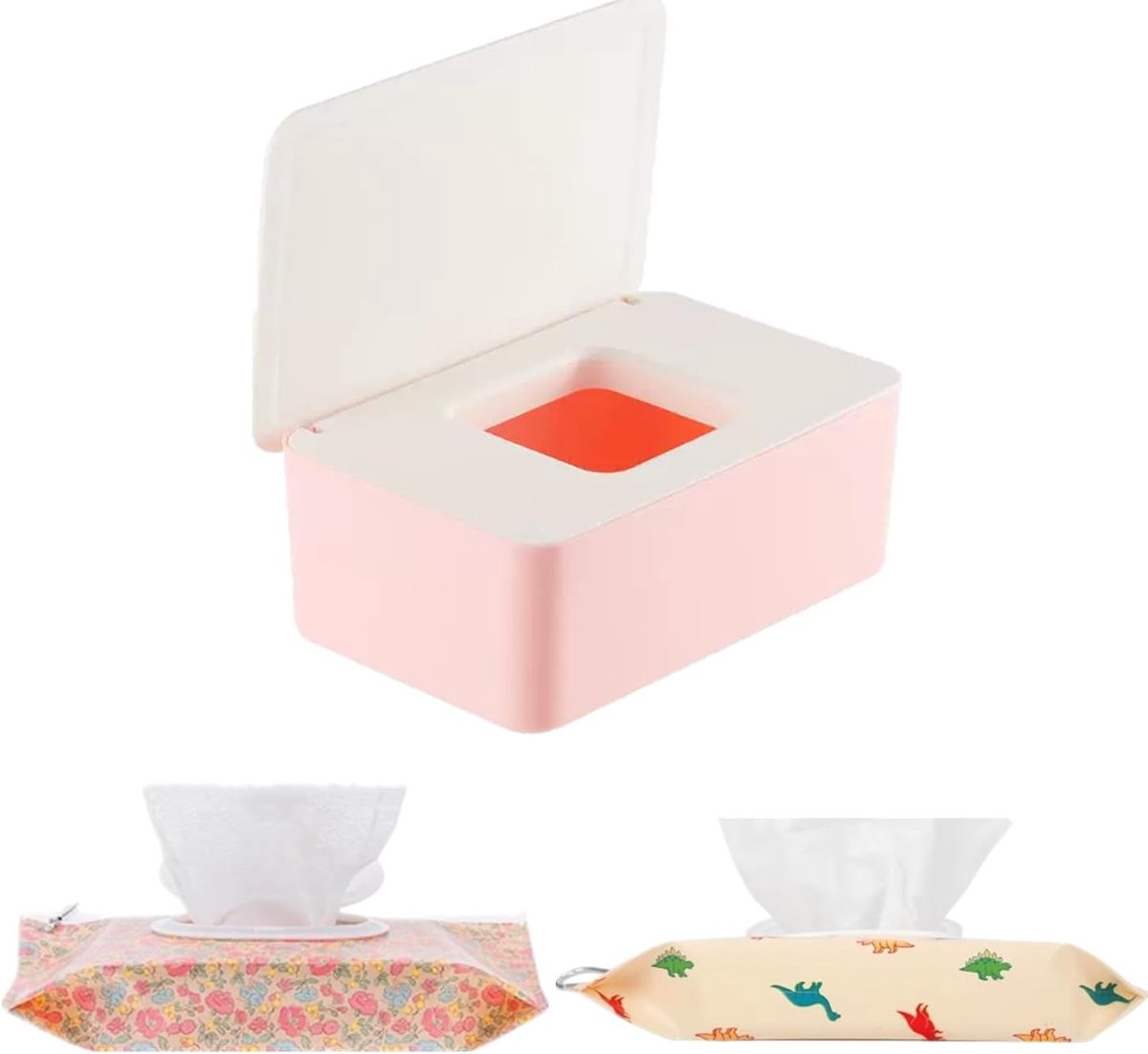 SnelShoppen - Wipes Dispenser Wit Roze, Herbruikbare Flushable Wipe Holder Set met 2 Stuks Vulbare Portable Wipe Bag voor Baby Volwassenen Badkamer, W