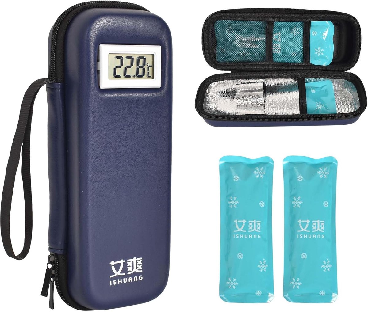 SnelShoppen - Insuline Koeltas met Temperatuurweergave, Compacte Diabetische Koeltas, Ideaal voor Reizen, Outdoor Activiteiten, Blauw, Inclusief 2 Nyl