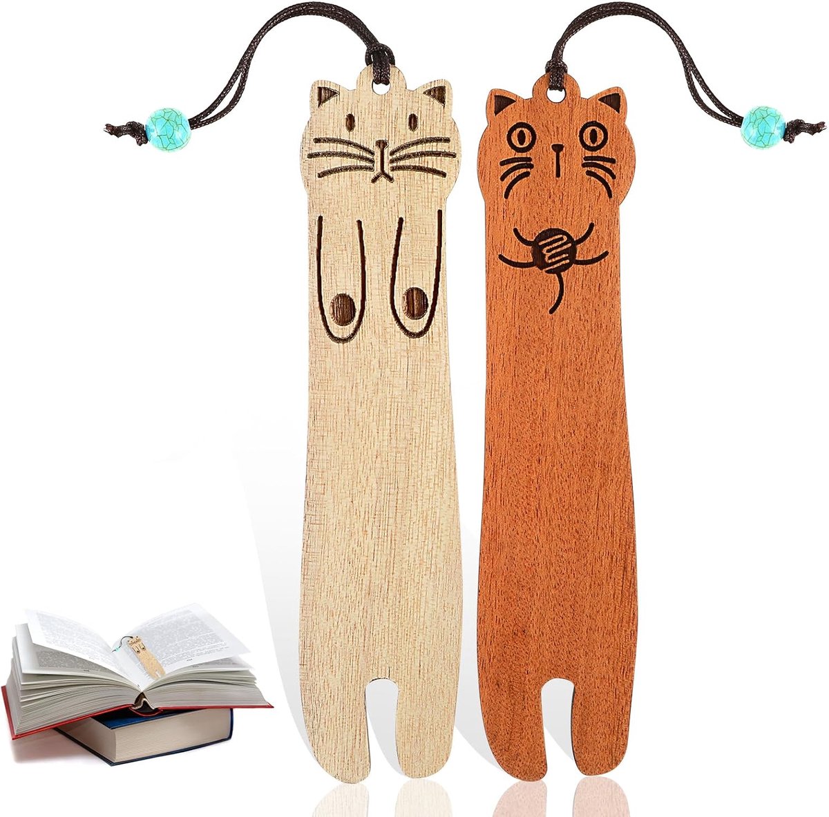 SnelShoppen - 2 Stuks Houten Kat Boekenleggers, Schattige Boekenleggers, Handgemaakt, Vintage Design, Perfect voor Boekenliefhebbers, Studenten, Docen