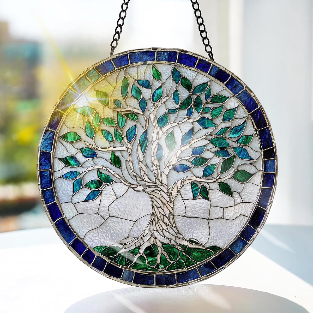 SnelShoppen - Levensboom Gekleurd Glas Hangend - 20x20 cm Raamdecoratie voor Tuin en Deur - Handgemaakte Suncatcher voor Verjaardag Vrouwen - Unieke I