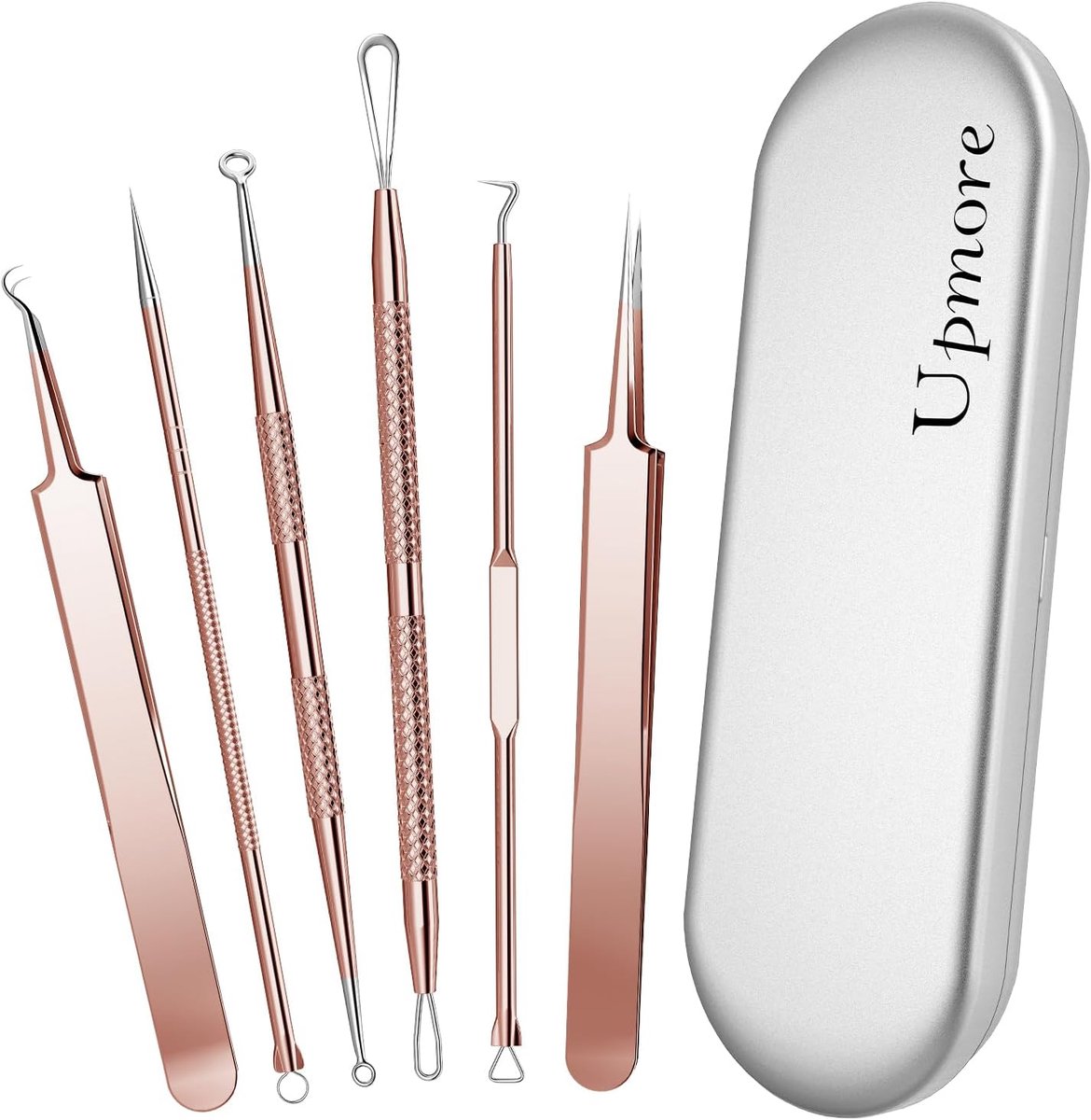 SnelShoppen - Professionele Pimple Tool Set 6-delige Blackhead Remover RVS met Metaal Doos en Tweezers voor Acne, Whiteheads en Onzuiverheden