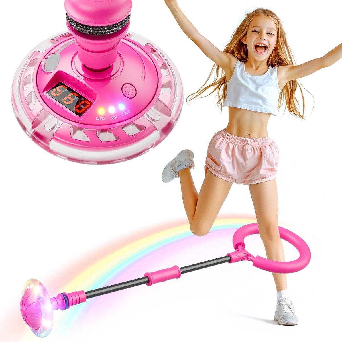 SnelShoppen - Jumping Ball voor Meisjes 6-11 Jaar - Oplaadbare Springbal met LED Lichten, Snelheids- en Calorieënteller, Roze, Perfect voor Buiten Spe