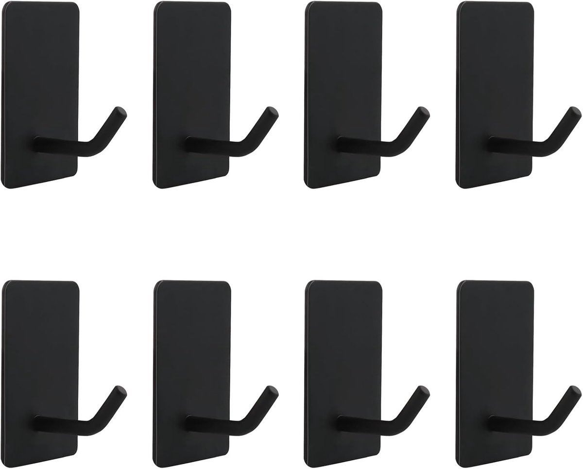 SnelShoppen - Set van 8 Zwarte Zelfklevende Haken - Handdoekhangers zonder Boren - Hoogwaardige, Sterke Adhesie voor Badkamer, Keuken, Toilet, Kantoor