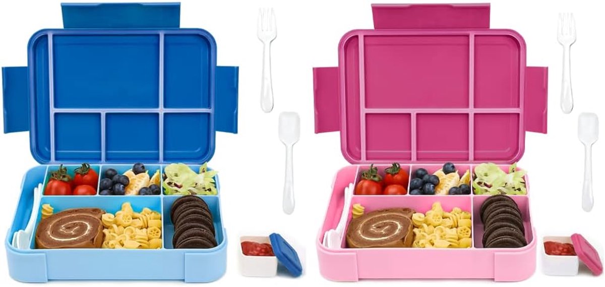 SnelShoppen - Kinder Lunch Box met Compartimenten 1340 ml, 2 Sets, Bento Box, Levensbestendig, 6 Compartimenten, Inclusief Bestek, Ontbijtdoos voor Me