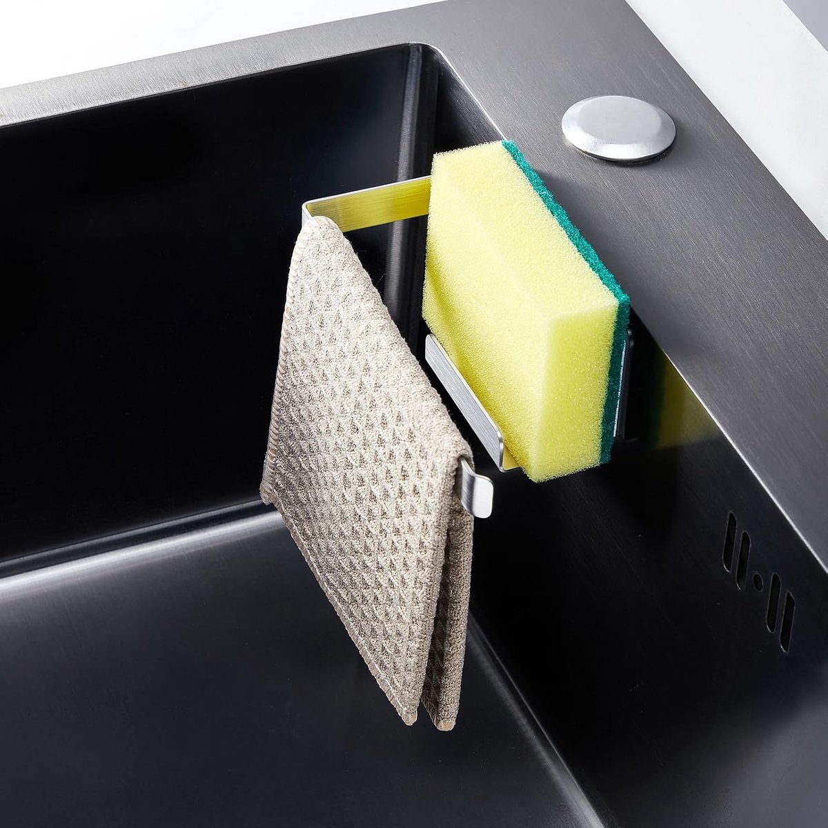 SnelShoppen - Sponge Holder Sink, Zelfklevende Keuken Spongehouder, RVS 2-in-1 Afwasborstel en Doekhouder, Compact en Ruimtebesparend voor Keuken, Bad
