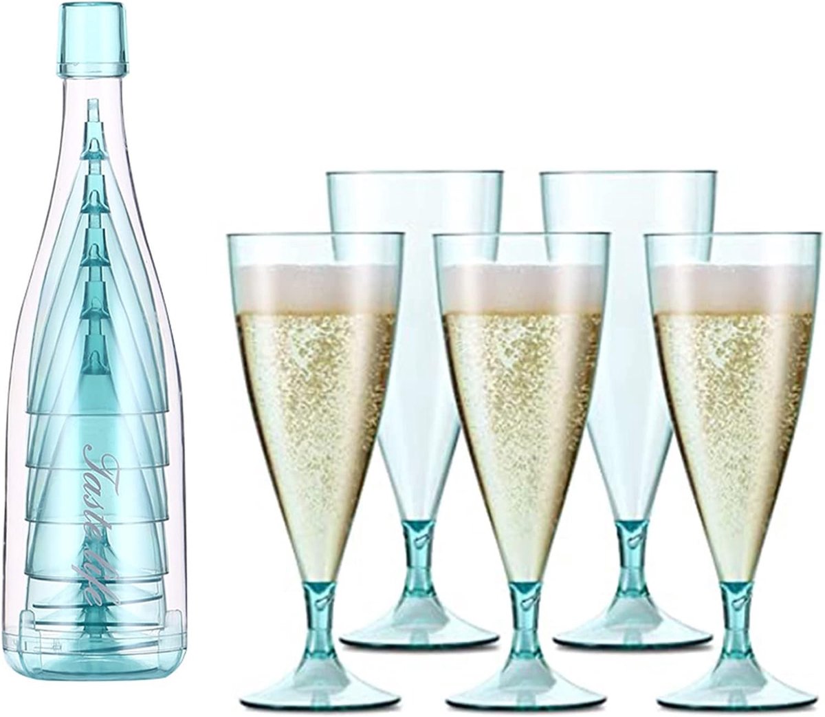 SnelShoppen - Set van 5 Plastic Wijn Glazen - Herbruikbare Champagne Glazen - Stapelbaar en Lichtgewicht - Perfect voor Camping, Feest en Tuin - Blauw