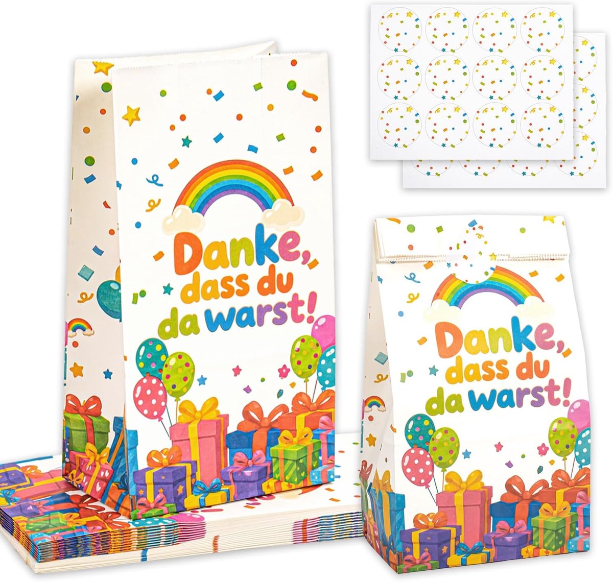 SnelShoppen - Cadeauzakjes Kindervariaat, 20 Stuks Kraftpapier, 'Danke, dass du da warst!', 8x13x24 cm, Scheurbestendig, Feest, Kinderverjaardag, Gast