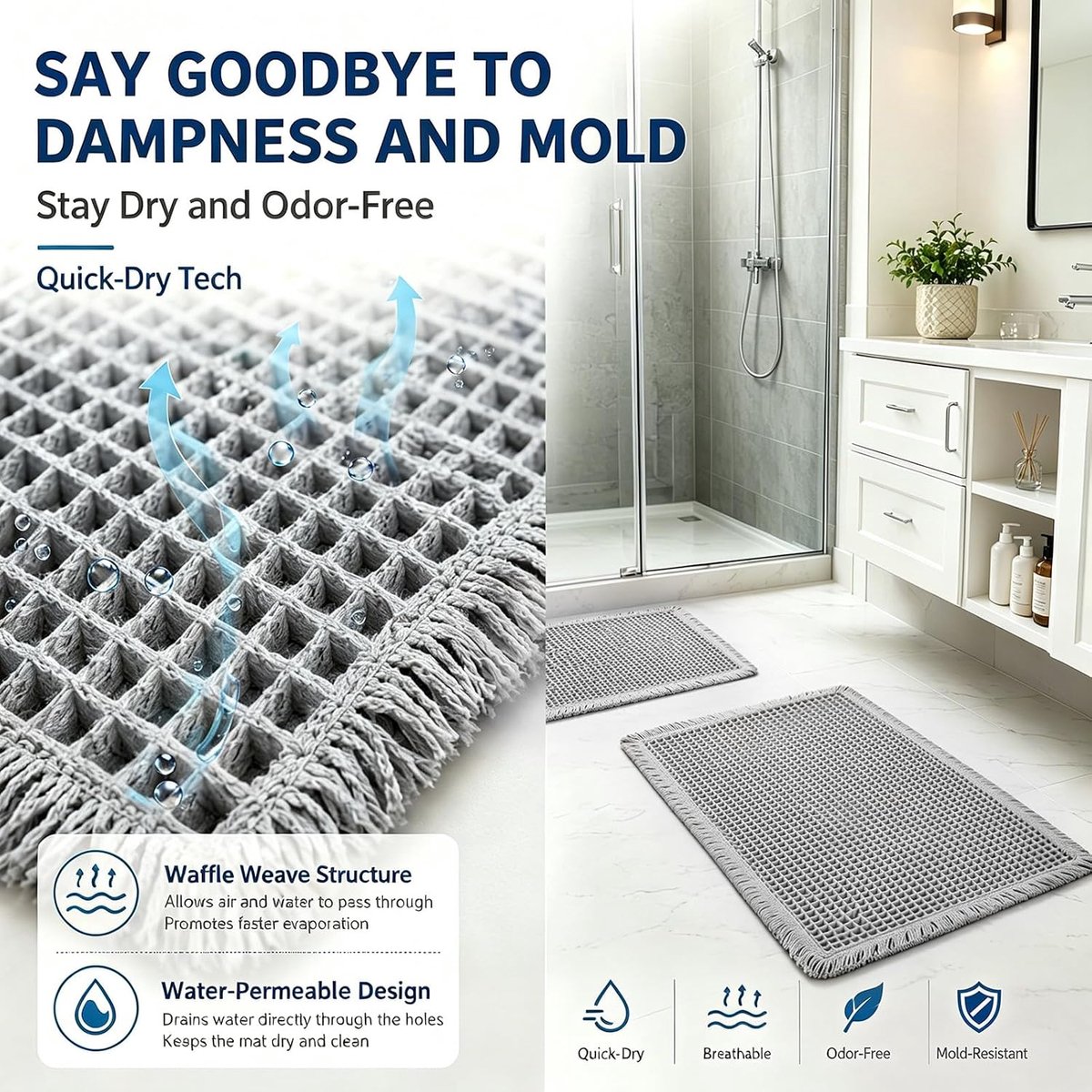 SnelShoppen - Badkamermatset 2-delig Wafelbadmat Antislip Microvezel Wasbaar Lichtgrijs 43 x 61 cm + 46 x 77 cm voor Badkamer, Keuken en Woonkamer