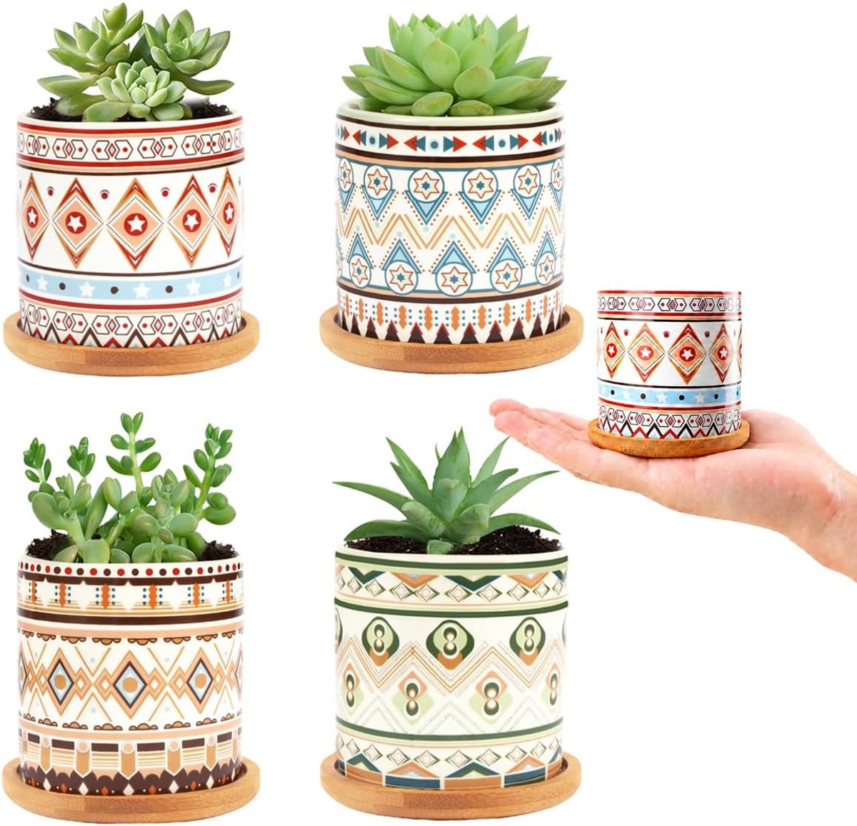 SnelShoppen - 4 Stuks Keramische Succulent Potten 7,3 cm met Bamboe Onderzetter, Mandala Patroon, Cactus Pot voor Binnen, Mini Planten en Zaailingen D