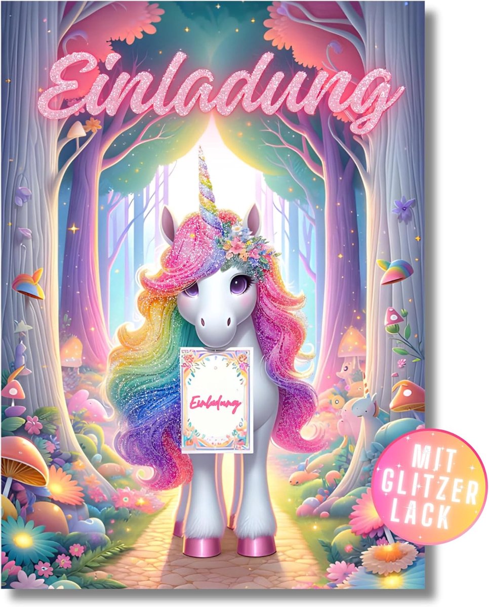 SnelShoppen - Glitter Unicorn Uitnodigingen voor Kinderverjaardag - 12 Stuks DIN A6 - Feestuitnodigingen met Glitters voor Meisjes - Unicorn Thema Kin