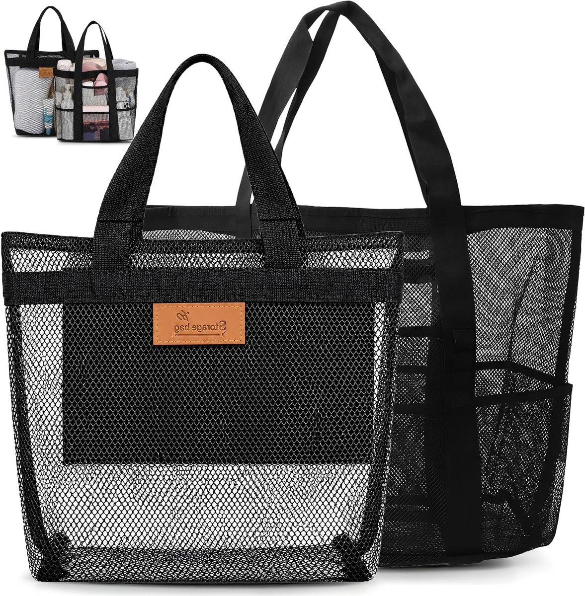Ruime Mesh Strandtas XXL met Compartimenten, Ideaal voor Zand Speelgoed, Zwemspullen en Campingaccessoires