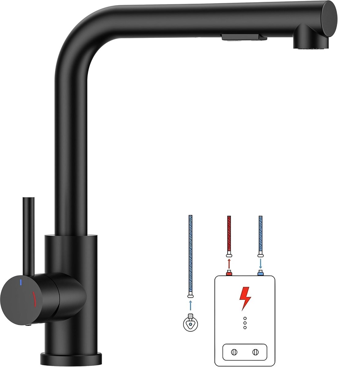 SnelShoppen - Keukenkraan Lage Druk L-Vorm met Uittrekbare Sproeier, Waterkraan voor Boiler, 2 Straalsoorten, 360° Draaibaar, Mat Zwart voor Keuken