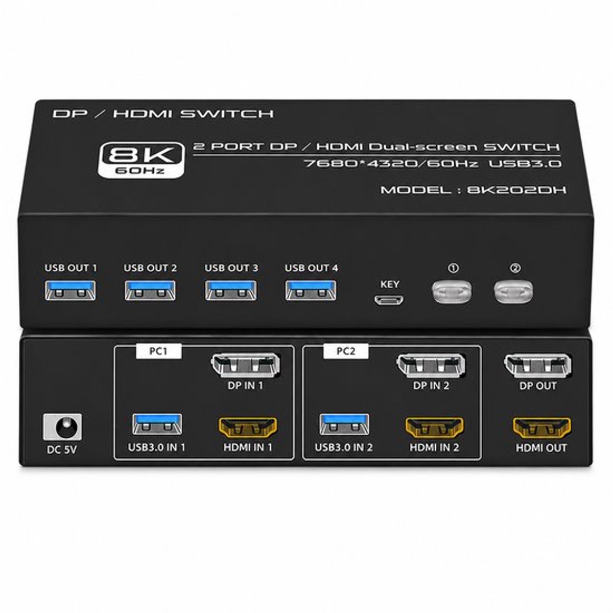 KVM Switch HDMI & DisplayPort – 2 PC's naar 2 Monitoren – 8K@60Hz – HDMI 2.1 – DP 1.4 – 4x USB 3.0 Poorten – Dual Monitor – Inclusief HDMI, DP & USB Kabels