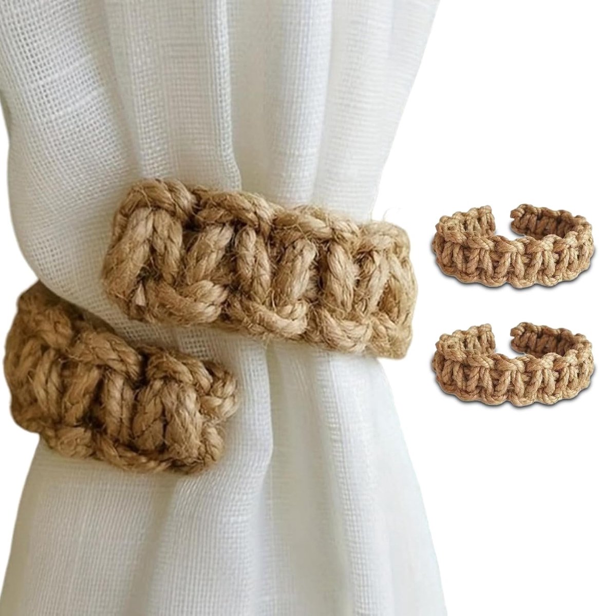SnelShoppen - Set van 2 Bohemian Stijl Gevlochten Embrasses Rope Gordijnhouders voor Buiten, Rustieke Gordijnhaken van Jute Touw voor Thuis, Kantoor,