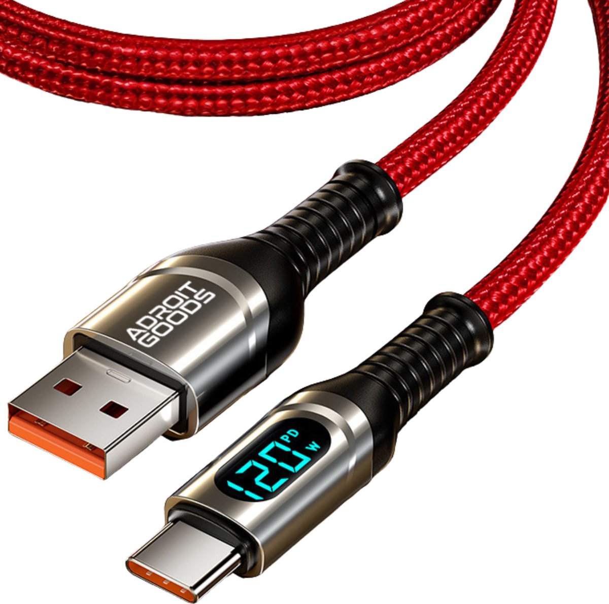 AdroitGoods USB-A naar USB-C Kabel 120W Snellader met Display PD Fast Charge Nylon Gevlochten Data Kabel Universeel - Rood 1 m