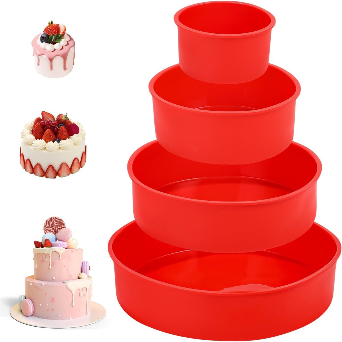 SnelShoppen - 4 stuks ronde siliconen bakvormen met anti-aanbaklaag, herbruikbaar, 10,7/16/21/26 cm, ideaal voor gelaagde cake, cheesecake, regenboogc