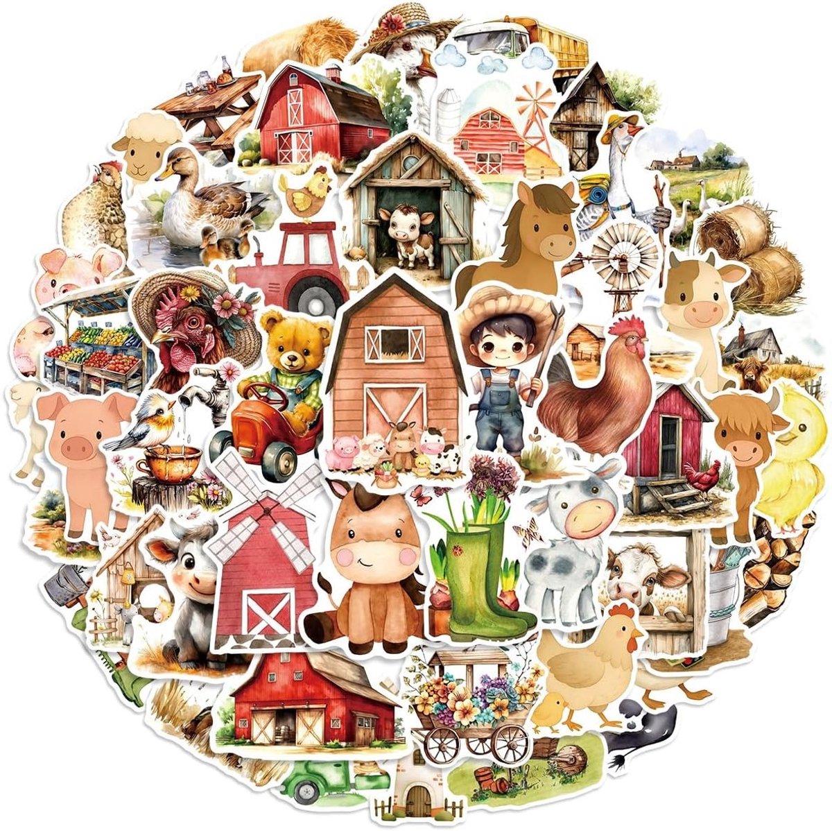 50 Stuks Cartoon Boerderij Stickers voor Skateboards, Motorfietsen, Laptops en Koffers - Waterdichte Vinyl Stickers voor Kinderen en Jongeren