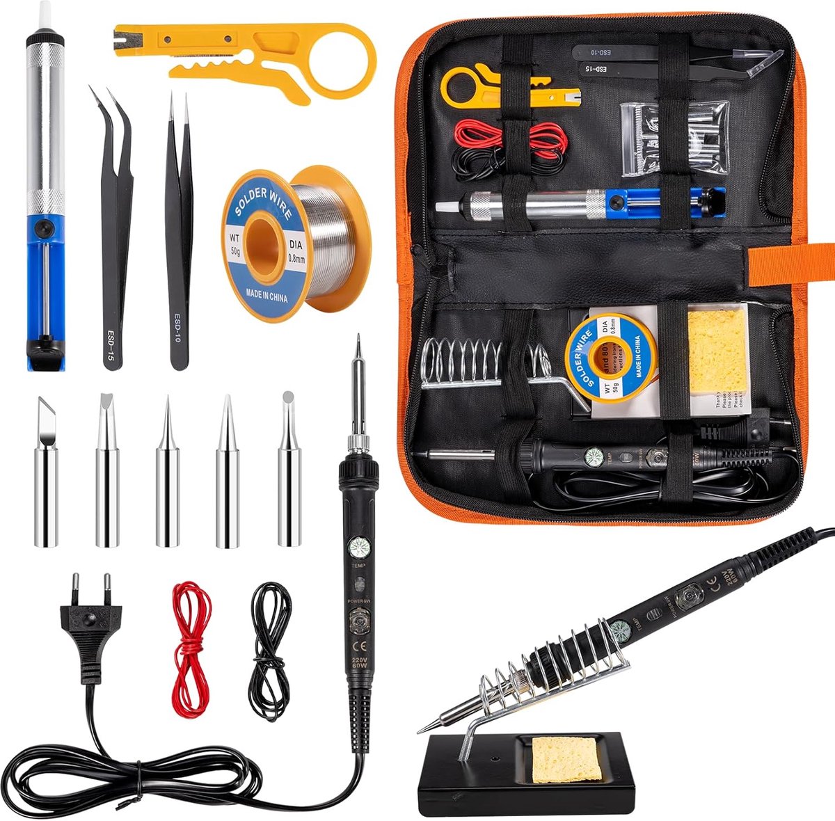 SnelShoppen - Soldering Iron Set 16 in 1 - 60W Solderstation met 5 Tips, Verstelbare Temperatuur 220-480°C, Soldeerdraad, Pincet en Desoldeerpomp voor