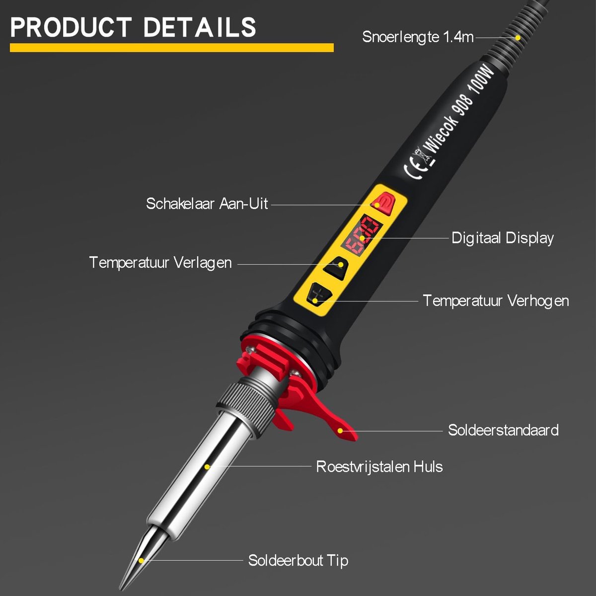 SnelShoppen - Soldering Iron 100W met LCD Display, Instelbare Temperatuur 200-600°C, ON/OFF Schakelaar, 5 Soldering Pens voor Professionele en Hobby E