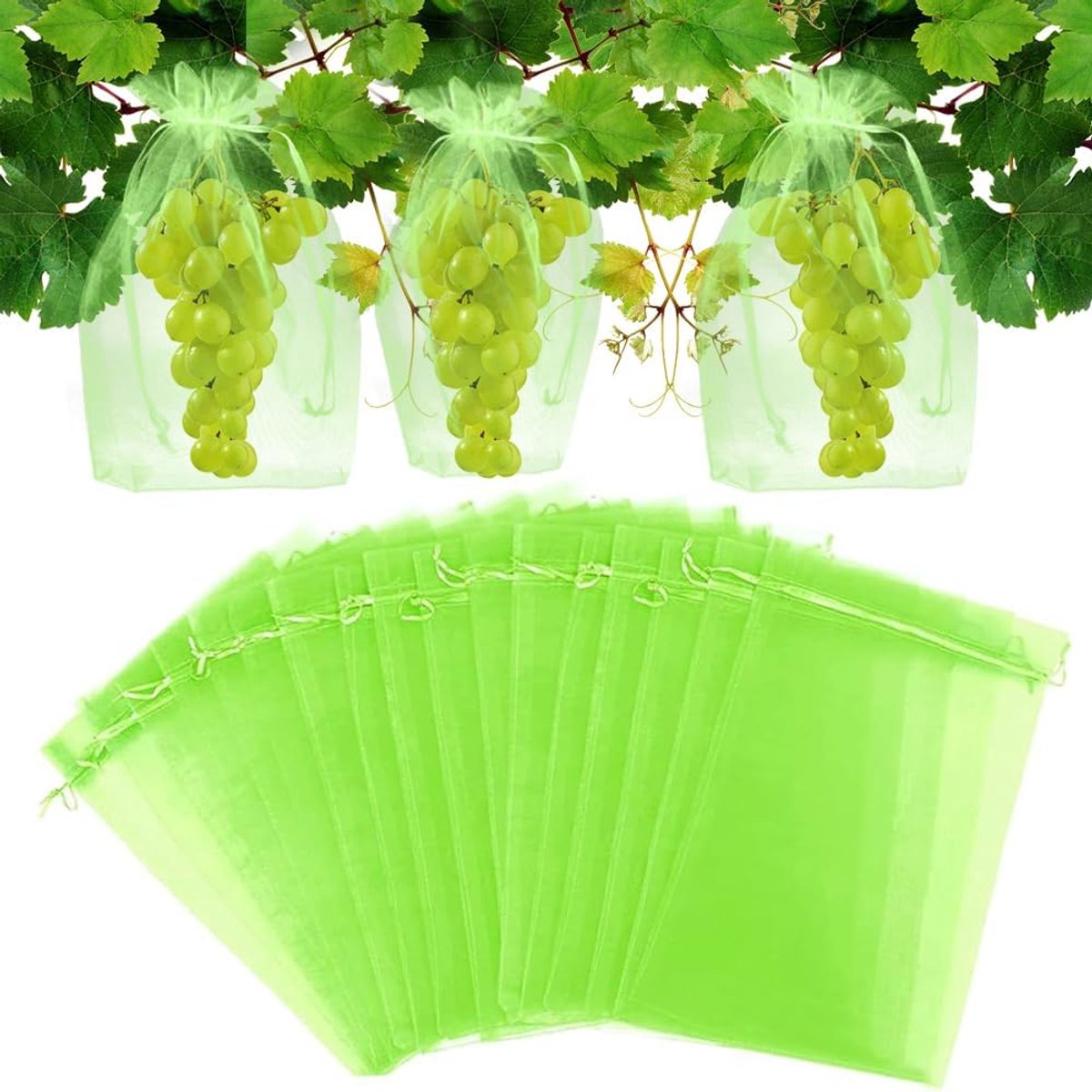 SnelShoppen - 60 Stuks Druiven Beschermzakken - Fruitbeschermers 20x30cm met Trekkoord - Organza Tuin Gaaszakken voor Bescherming Tegen Wespen, Vogels