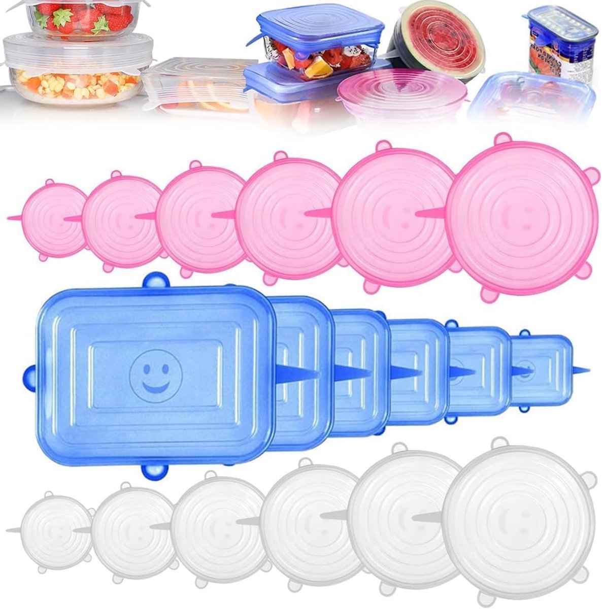SnelShoppen - Silicone Deksel 18 Pack Rekbaar, Universele Silicone Deksel voor Schalen, Herbruikbaar, Hermetisch & Lekvrij, Silicone Deksel voor Blikj