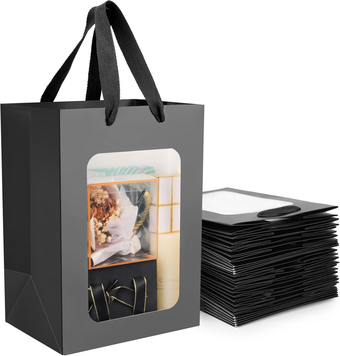 SnelShoppen - 20 Stuks Cadeautassen met Venster - Stevige Zwarte Papieren Tassen met Hande - 210g/m² - 18x13x25cm - Perfect voor Feesten en Cadeaus