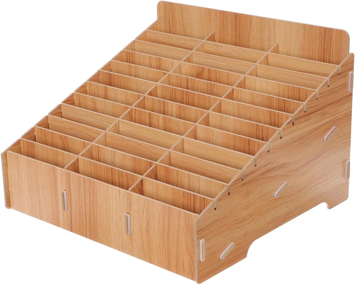 SnelShoppen - Houten Tafel-organizer met Telefoonhouder, Bureau-opbergdoos voor Kantoor, School en Onderwijs, Meerdere Vakken voor Pennen, Mobiele Tel
