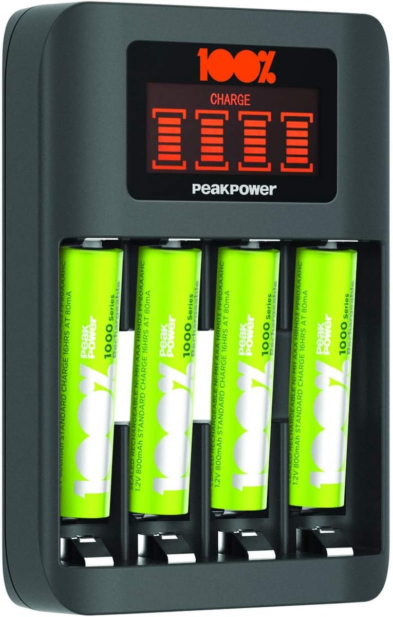 SnelShoppen - 100% Peak Power Batterijlader U412 - Snelle Oplader voor AA en AAA Batterijen - Inclusief 4 AAA Oplaadbare Batterijen 800 mAh - Universe