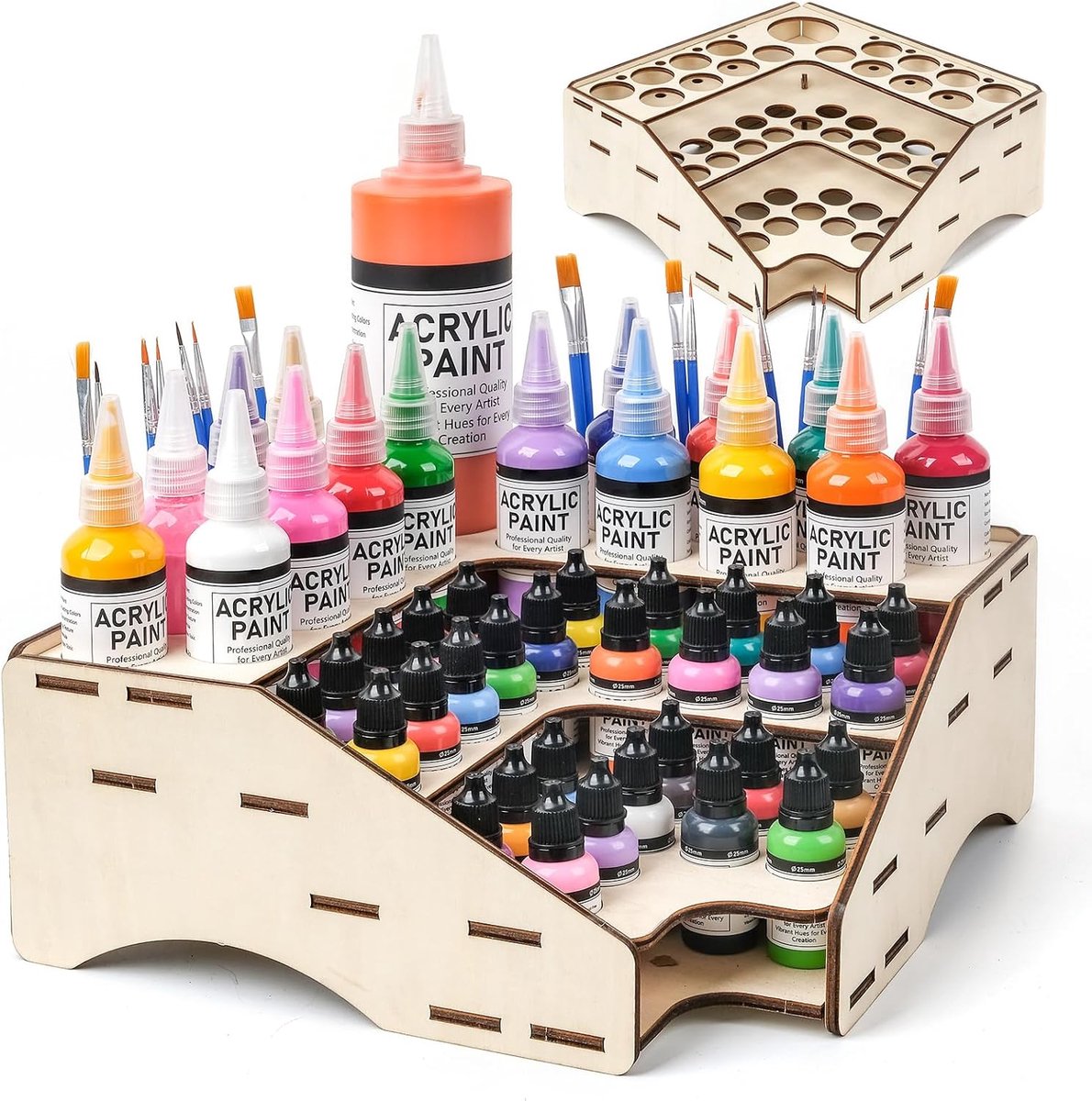 SnelShoppen - Houten Verf Flessen Organizer voor Tafelverf en Modelbouw, 90° Hoek met 55 Gaten (Ø65/36/26/9 mm), Kleur Organizer voor Verf en Modelbou