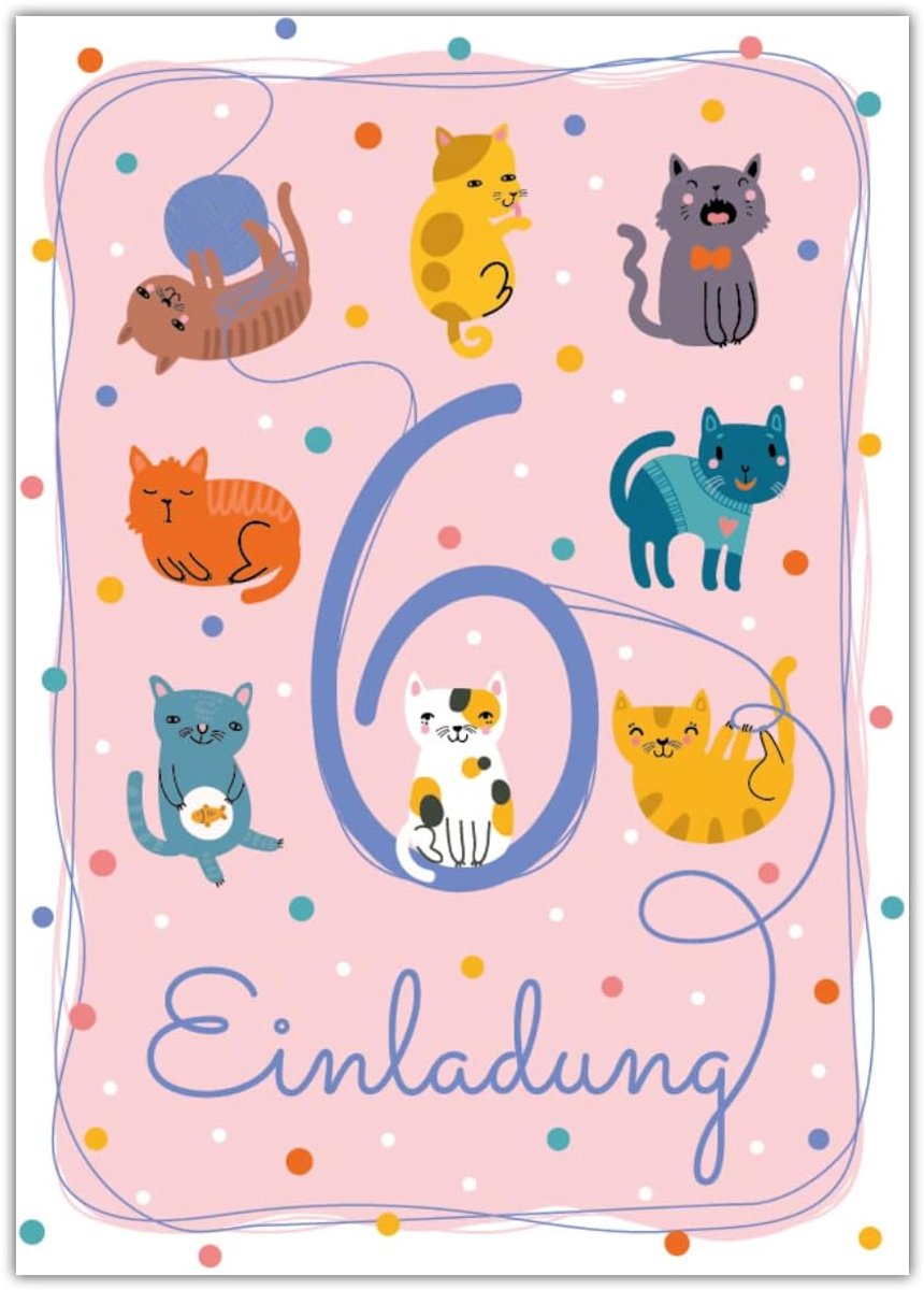 SnelShoppen - 12 Uitnodigingskaarten voor 6e Verjaardag Kinderen - Feestkaarten voor Jongens en Meisjes - Katten Thema - 10.5x14.8 cm - Hoogwaardige K