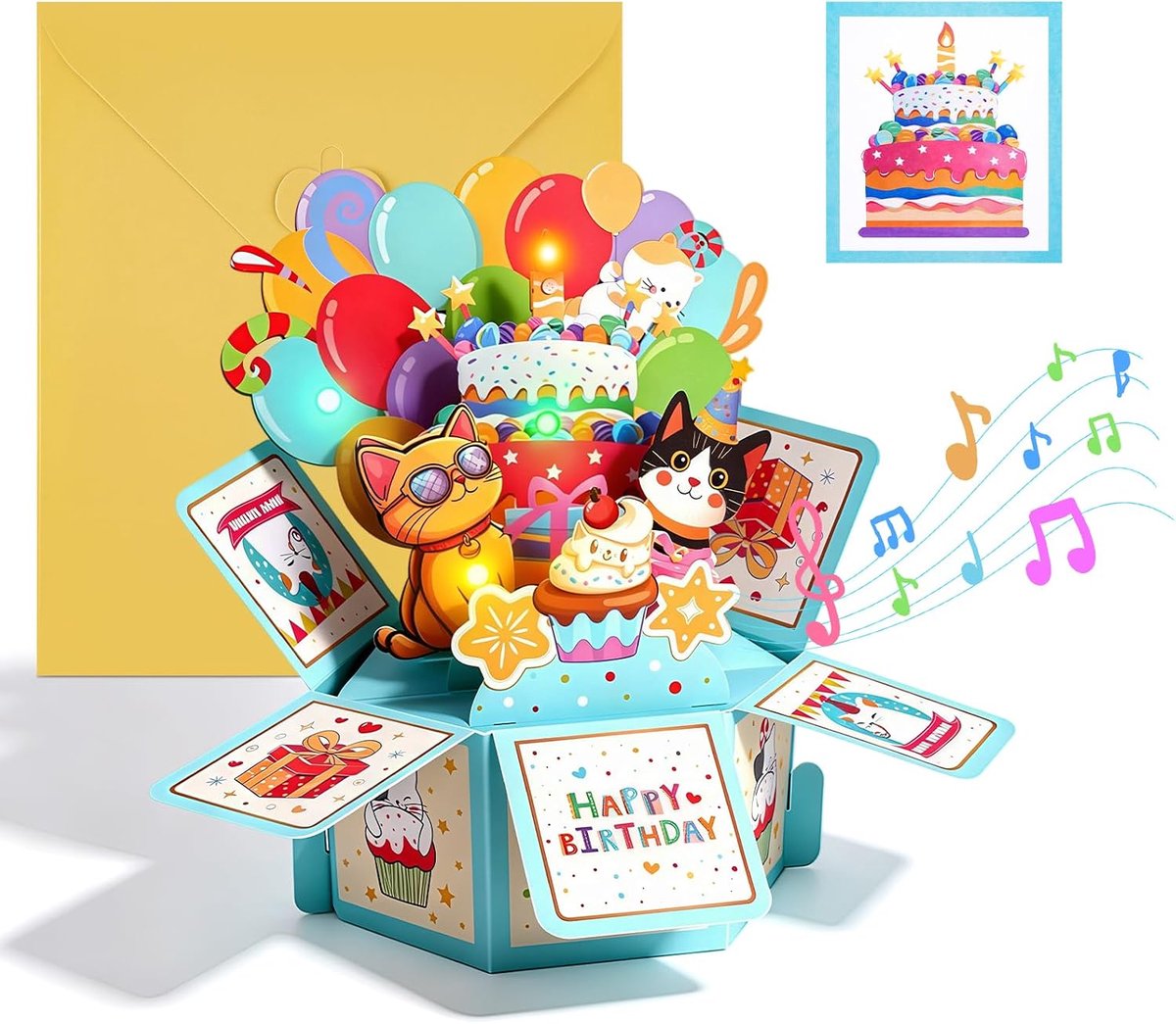 SnelShoppen - 3D Pop Up Verjaardagskaart met Muziek en Licht - Schattige Kat Kaart met LED Kaars - Inclusief Envelop & Notitiekaart - Perfect Cadeau v