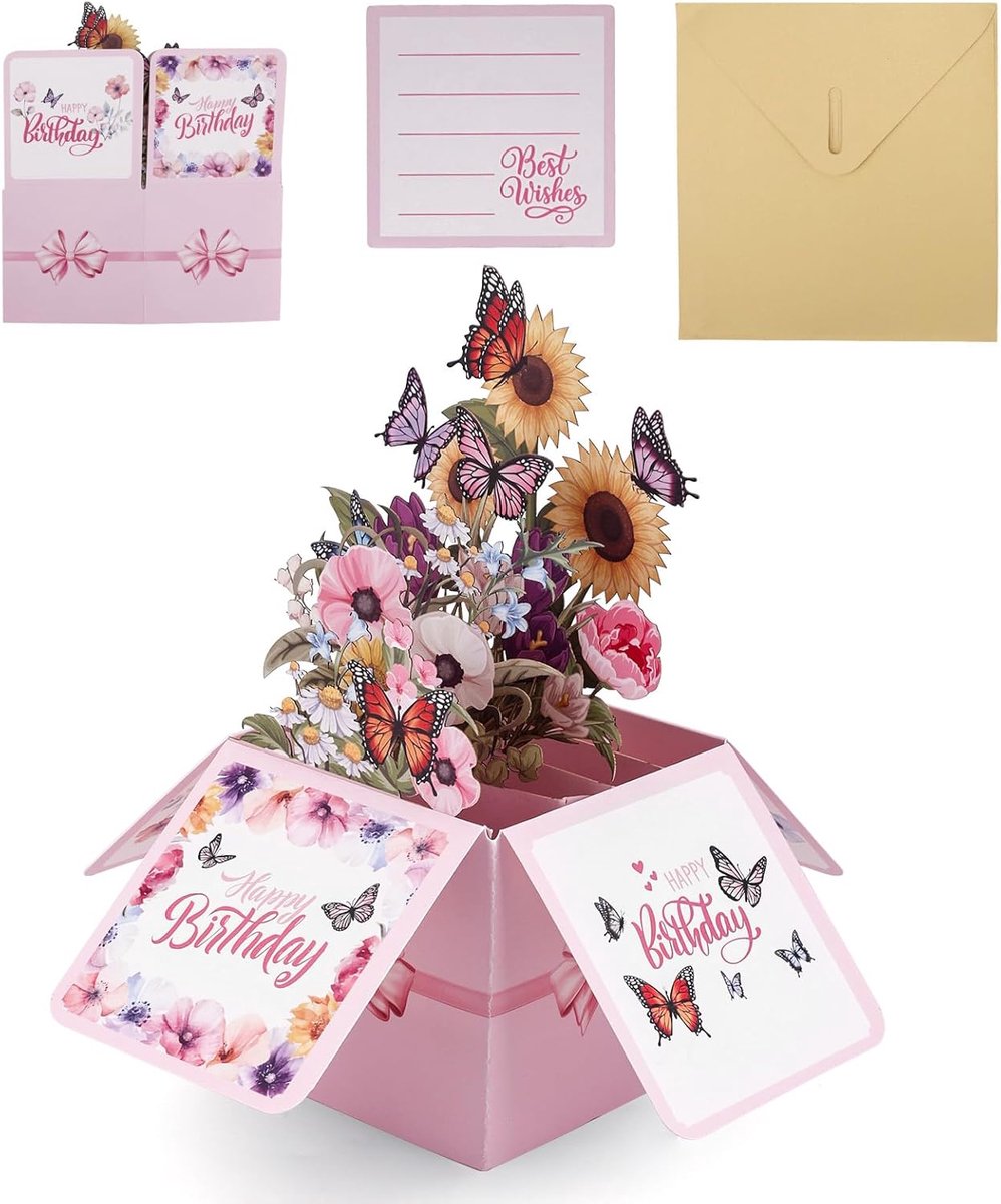 SnelShoppen - 3D Pop-Up Verjaardagskaart met Monarch Vlinder en Bloemmotief, Luxe Vouwkaart met Envelop voor Vrouwen, Perfecte Verrassing voor Feestel