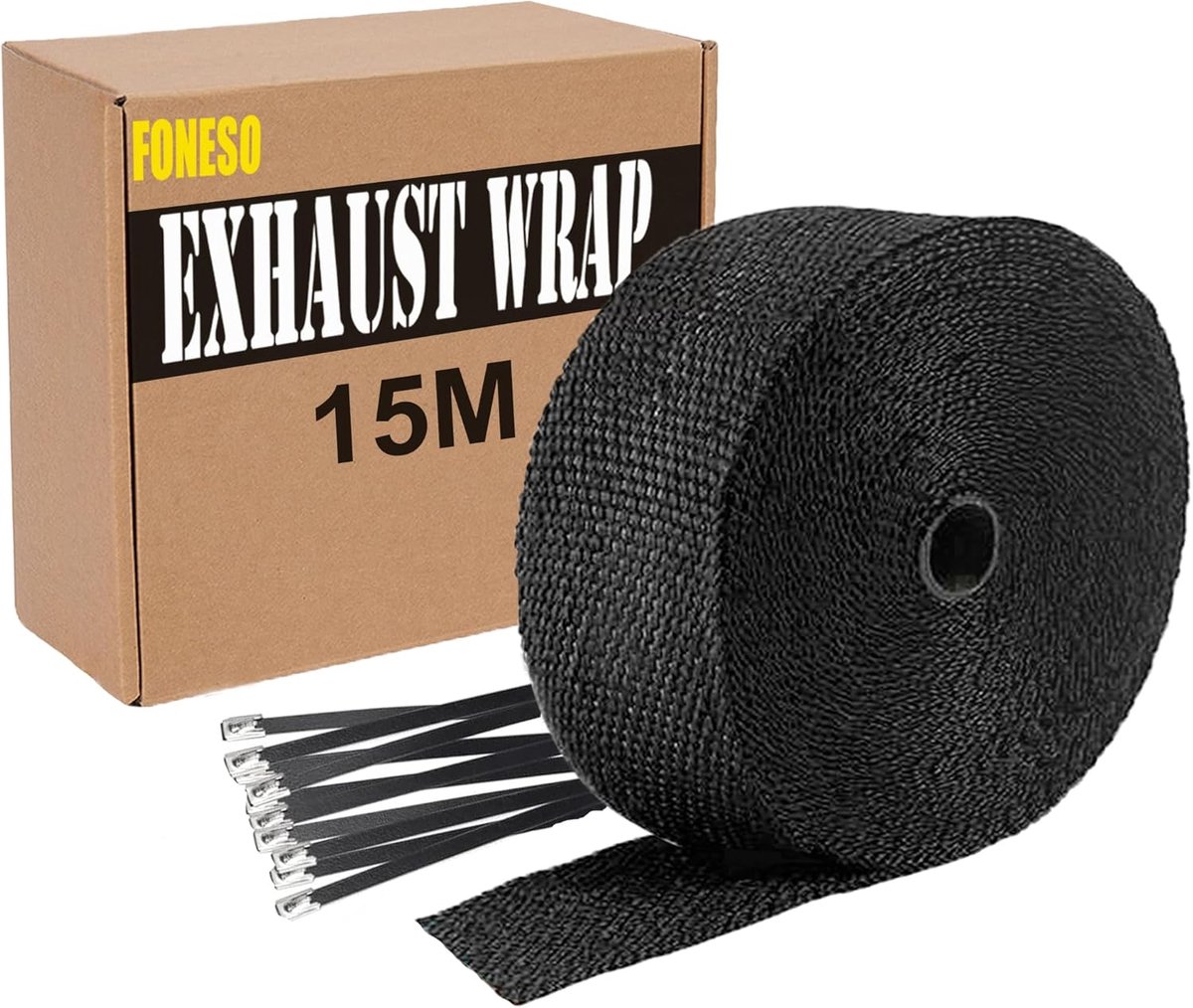 SnelShoppen - Heat Resistant Tape 15M met 12 Zwarte RVS Kabelbinders - Hittebestendige Isolatietape voor Motorfiets, Manifold, Uitlaat, Glasvezel, Zwa