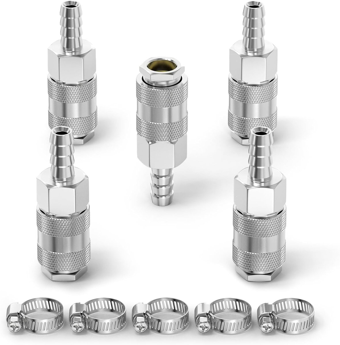 SnelShoppen - 5x Male Industrial Air Coupling met 10mm Hose Barb - IJzeren Nickel Geplateerde Snelle Verbinding voor Luchtcompressor Accessoires