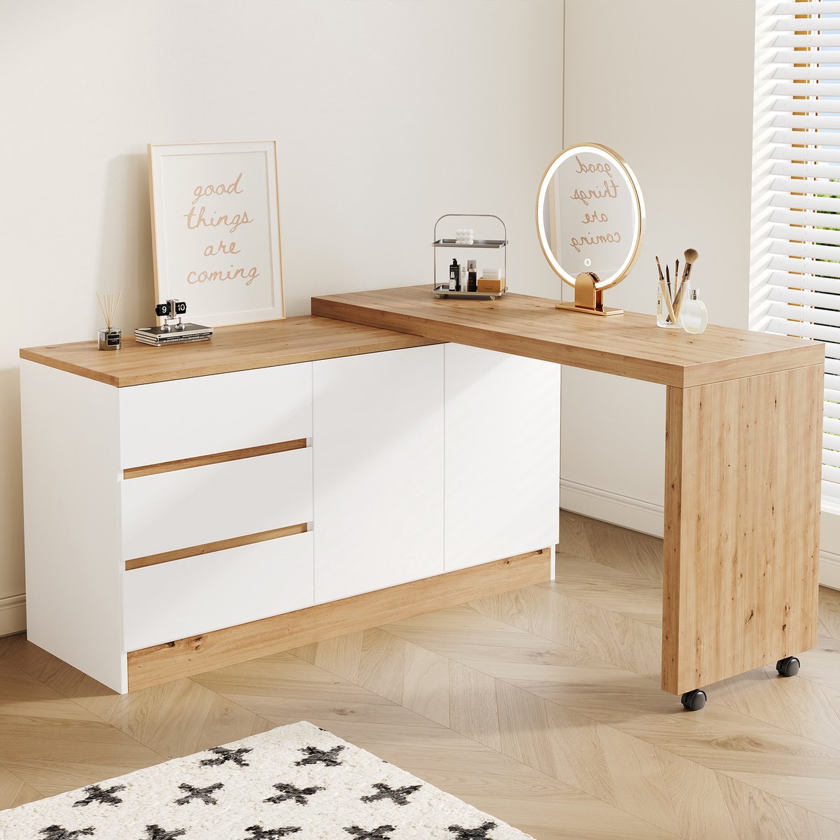 HAUSS SPOLE Bureau - Draaibaar En Opklapbaar Met 2 Deuren En 3 Lades - Voor Thuiswerk En Hoekopstelling - Spaanplaat - 120x50x78 Cm - Wit Eiken
