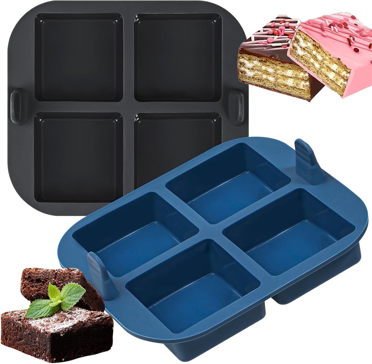 SnelShoppen - Silicone Brownie Bakvorm 2 Stuks - 4 Cavity Muffin Bakvorm voor Air Fryer - Vierkante Cakevorm voor Brownies en Muffins - Blauw en Grijs
