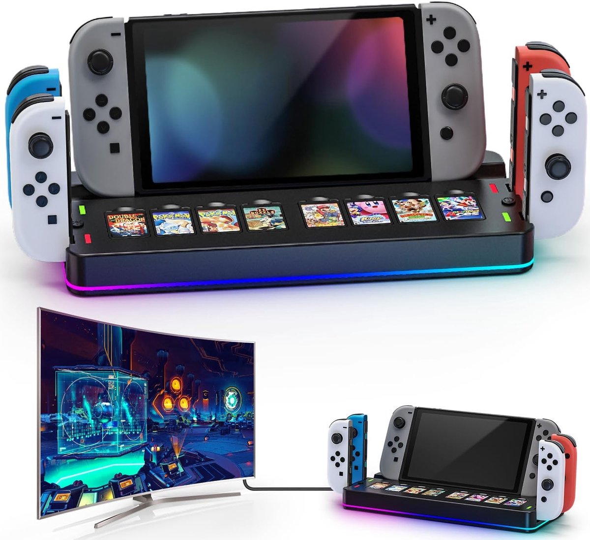 SnelShoppen - Switch Docking Station voor Nintendo Switch/Switch OLED - Laadstation voor JoyCon en Switch Controller - 8 Spelkaarten Opbergruimte - Co