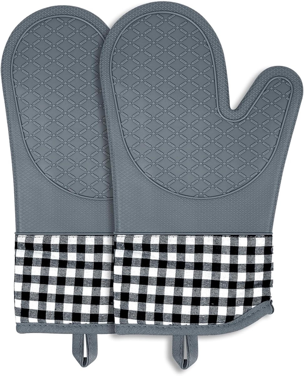 SnelShoppen - 1 paar hittebestendige siliconen ovenwanten, katoenen kookhandschoenen voor koken, bakken en grillen, ideaal voor de keuken en ovenschaa