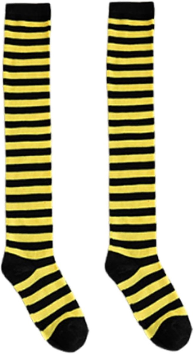 Gestreepte Over-de-Knie Sokken voor Dames in Geel en Zwart – Elastische Katoenen Sokken voor Carnaval, Halloween en Cosplay – Ideaal voor Kostuums en Feestjes – Zacht en Comfortabel Accessoire – 1 Paar
