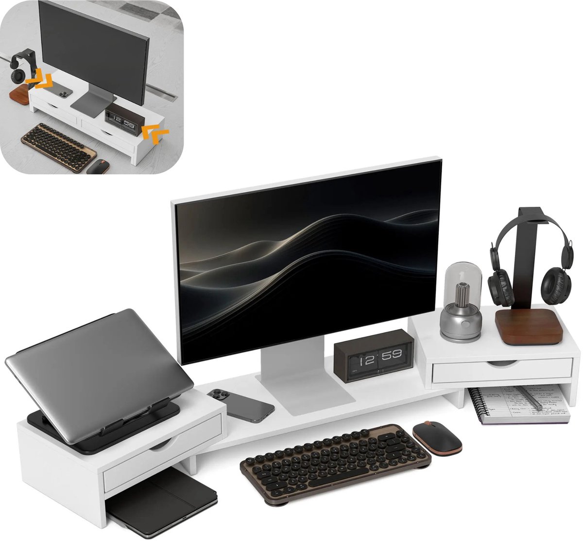 Stervia Monitorverhoging Met Lades - Uitschuifbaar Van 60 Tot 116 cm - 24 Inch Monitor - 14 Kg Draagvermogen - Ergonomisch - Wit - 60-116 × 22 × 12 cm