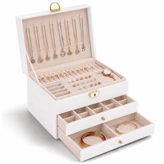 Witte juwelendoos open met veel sieraden, lades en gouden details.