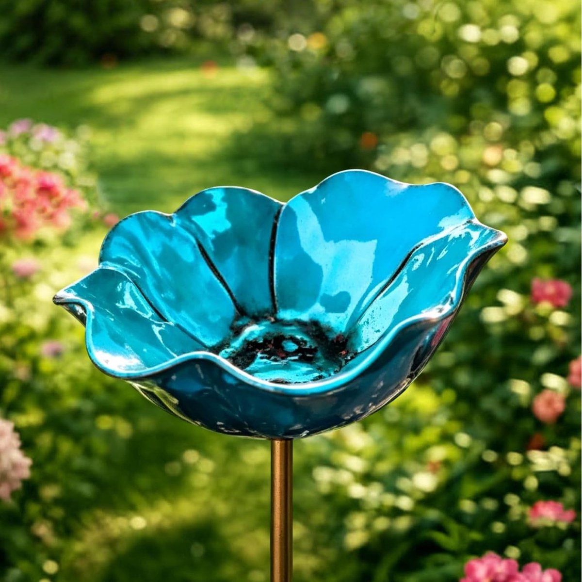 Vogeldrinkschaal - Vogelbadje - Vogeldrinkbakken - Vogeldrinkschaal voor Tuinvogels - Metaalbloemen-tuinpaal-vogeldrinkbak - Tuindecoratie voor Vogels - Vogelbad voor Buiten - Wildlife Vogeldrinkschaal voor Tuinvogels - 15 x 60 cm - Blauw