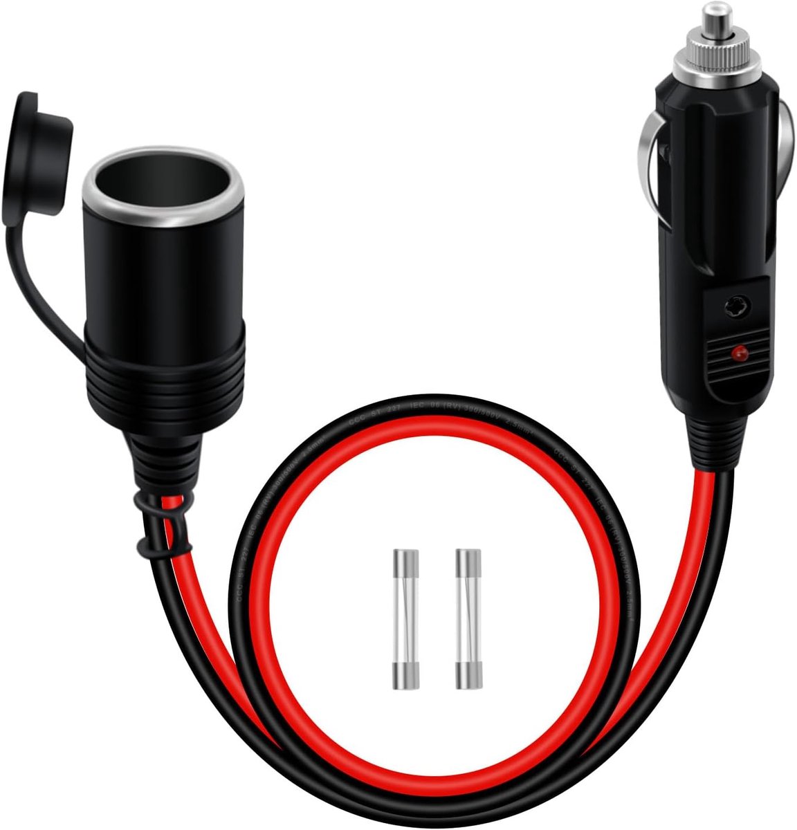 SnelShoppen - 12V 24V Sigarettenaansteker Verlengkabel Heavy Duty 14AWG met 20A Zekering en LED Licht Waterproof Cover, Ideaal voor Auto's, Motoren en