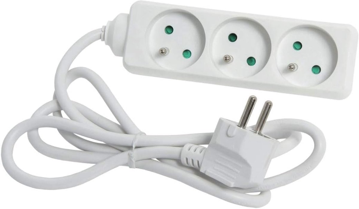 SnelShoppen - Verlengsnoer 3 Sockets 2P T 16 A, 1 meter Wit - Elektrische Verlengkabel voor Thuis, Kantoor, Tuin, Camping, Keuken