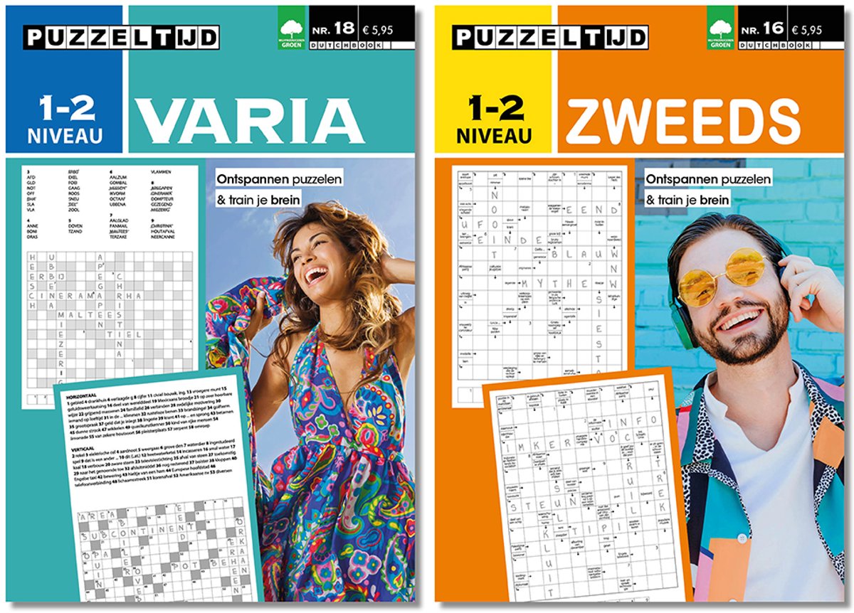 Puzzeltijd Varia Puzzelboek & Zweeds puzzelboek Pakket – Niveau 1-2 Sterren – 2x 96 Pagina’s