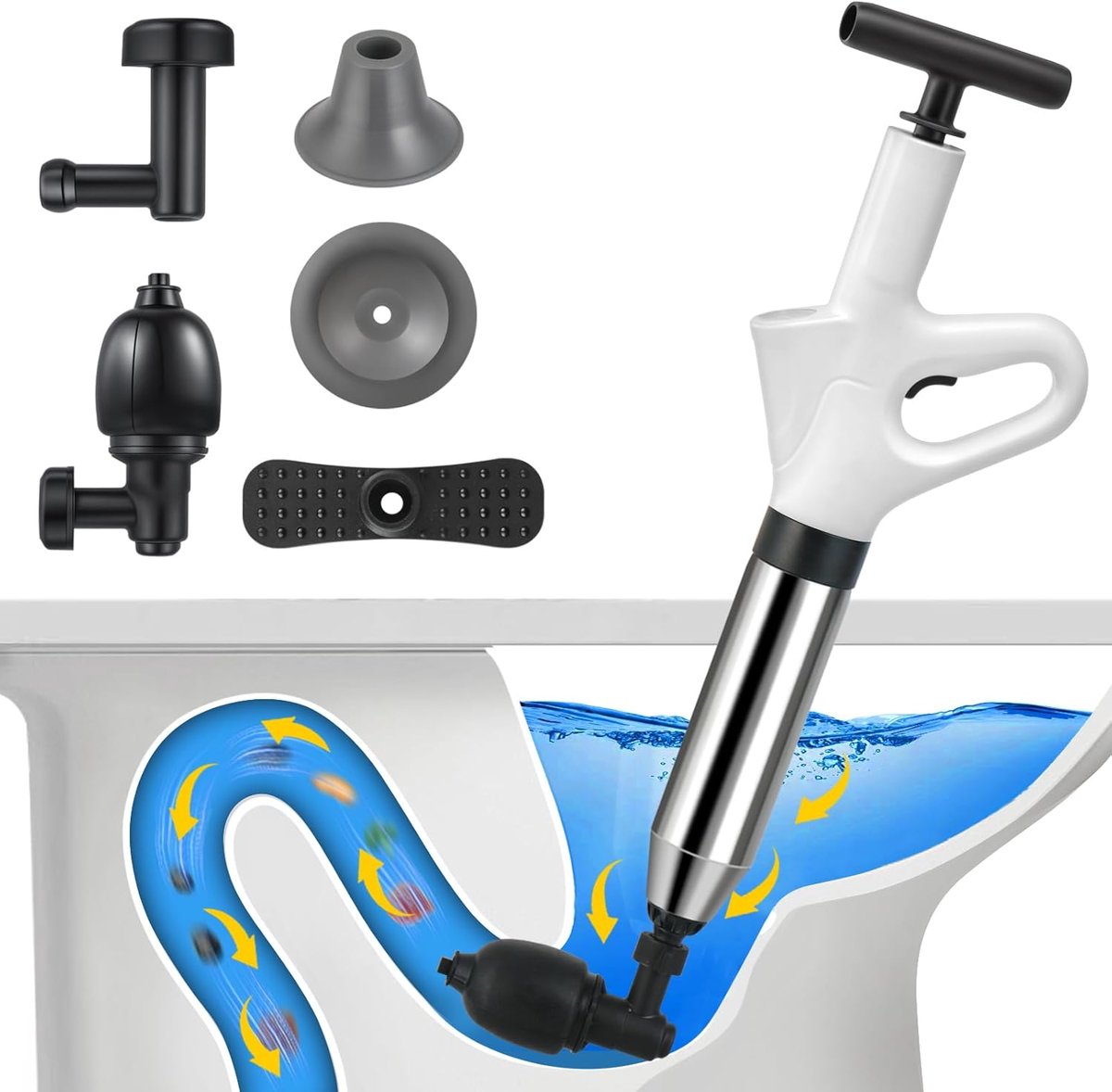 SnelShoppen - Rohr Cleaner met Samengeperste Lucht, Afvoerontstopper Pomp met Luchtcompressie en Drukindicator, Compressed Air Tube Cleaner met 4 Zuig