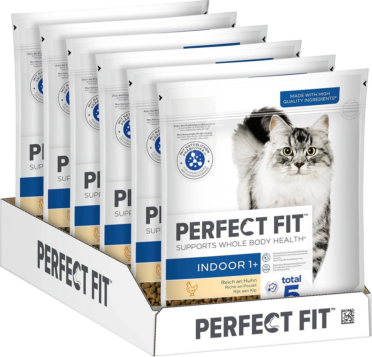 SnelShoppen - Perfect Fit Indoor Volwassen Kattenvoer - Droogvoer voor Volwassen Katten 1 Jaar en Ouder - Kip - 750 g (6 Zakjes) - Gezond Huid en Vach