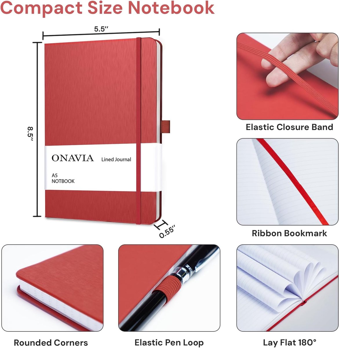 SnelShoppen - A5 Lined Journal Notitieboek met 7mm College-Lijnen, 160 Pagina's (80 Vellen), Hard Cover, Rood, Ideaal voor Schrijven, Werk, School, Re