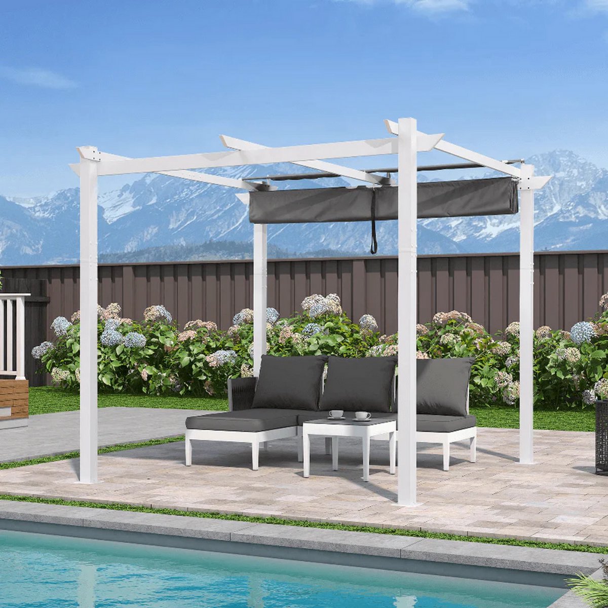 Purple Leaf Pergola avec toit de protection 3 x 3 m - structure blanche, toile grise