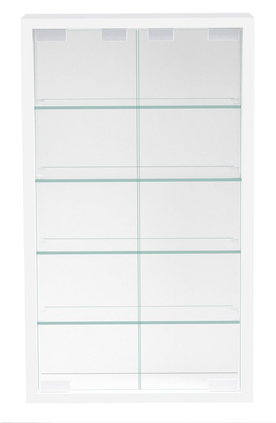 Witte gesloten vitrinekast met 6 glazen planken.